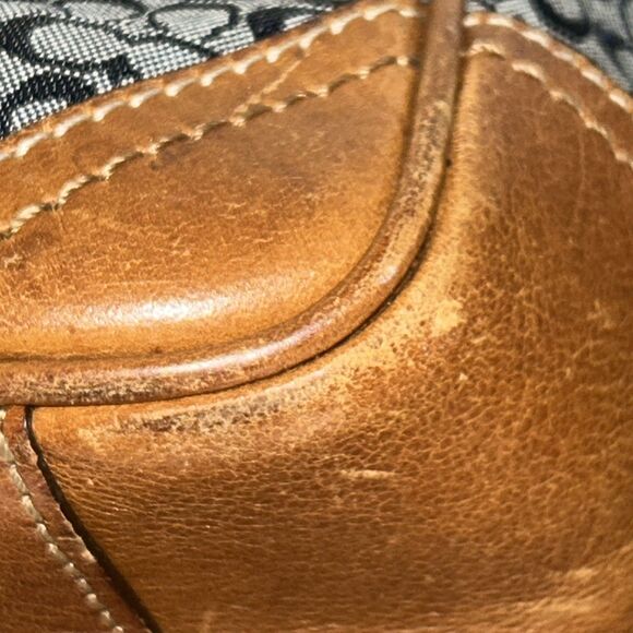 Coach Gallery Navy Blue Monogram W/ British Tan Leather Shoulder Tote F11526 - Picture 7 of 16